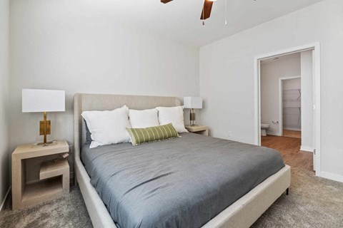 a bedroom with a bed and a closet
