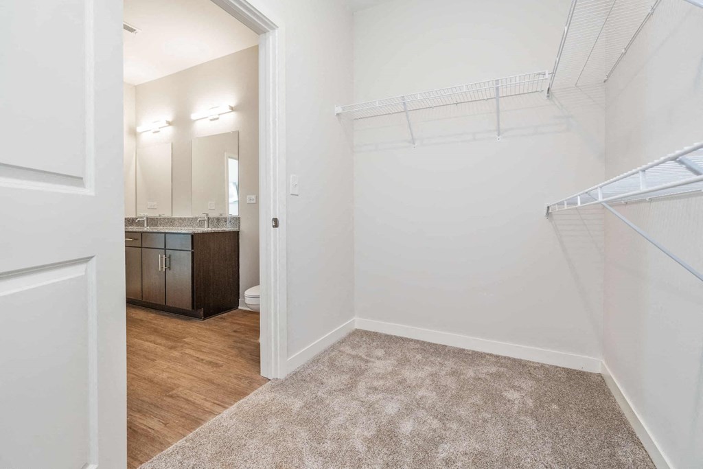 a bedroom with a closet and a bathroom