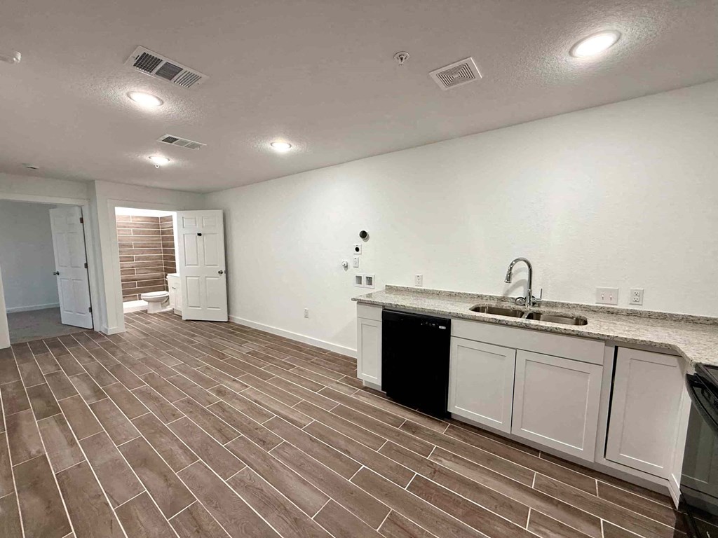 a kitchen and living room with a sink and a counter