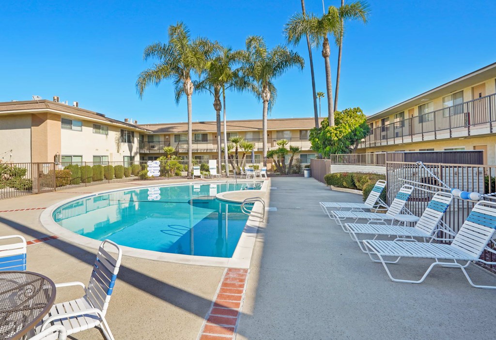 A pool surrounded by chairs and palm trees.