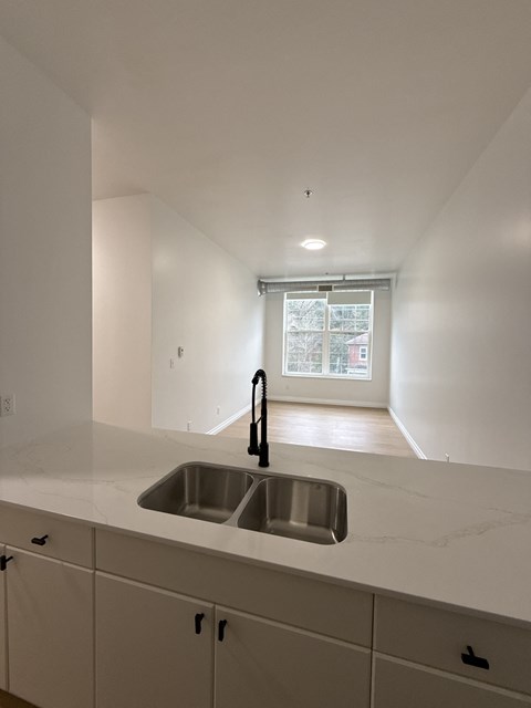 A kitchen with a sink and cabinets.