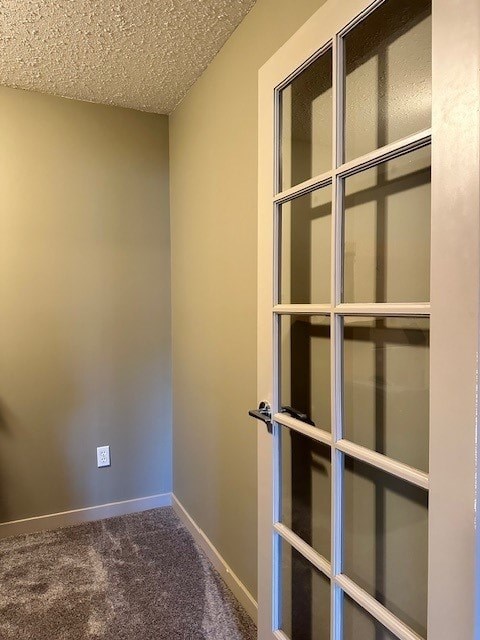A white door with a black handle is in a room with a carpet.