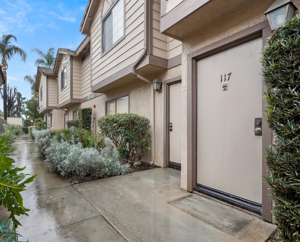 A row of houses with the number 117 on the front door.