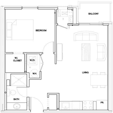 floorplan of a 1 bedroom 1 bathroom unit