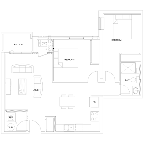 floorplan of a 2 bedroom 1 bathroom unit