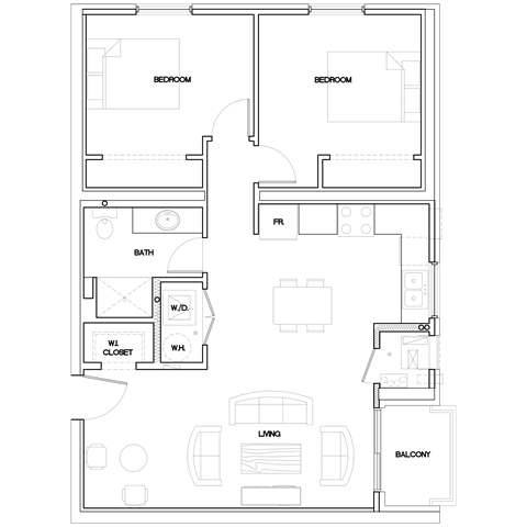 floorplan of a 2 bedroom 1 bathroom unit