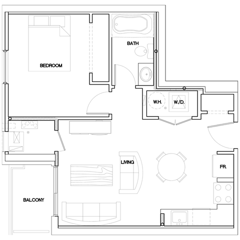 floorplan of a 1 bedroom 1 bathroom unit