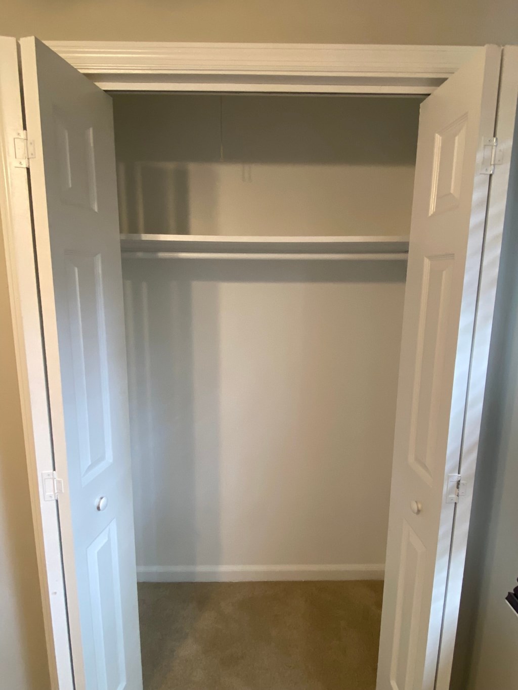 a walk in closet with shelves and a door