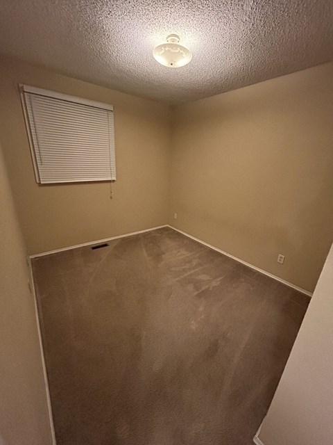 a bedroom with a carpeted floor and a window