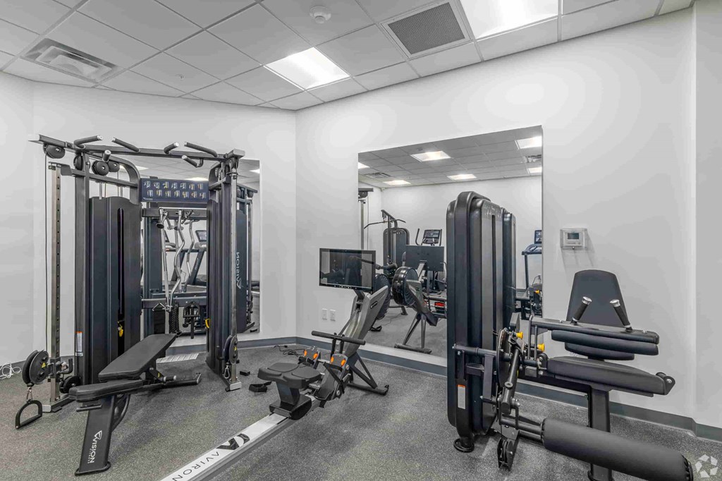 A gym with a variety of equipment including a squat rack, a leg press machine, and a bench press.