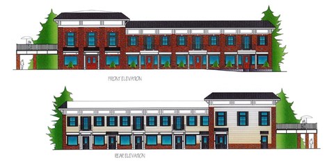 Two images of a building with the front and rear elevations labeled.