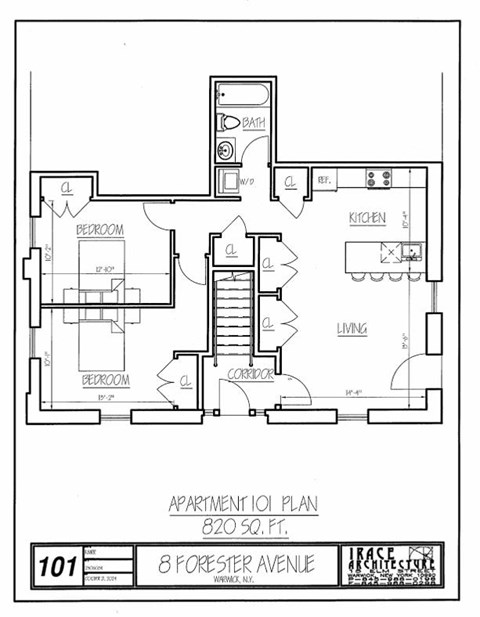 Apartment 101 plan shows a 820 square feet living space.