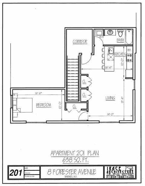 A floor plan for apartment 201 at 8 Forester Avenue shows a living room, a kitchen, a bathroom, and a bedroom.