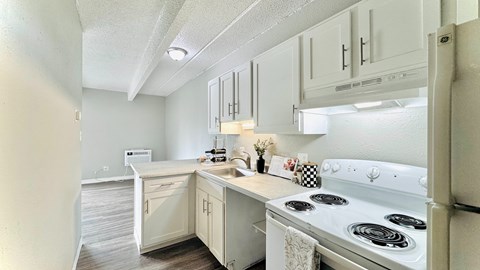 a kitchen with a counter top and a refrigerator