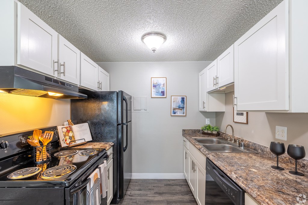a kitchen with a stove refrigerator and a sink