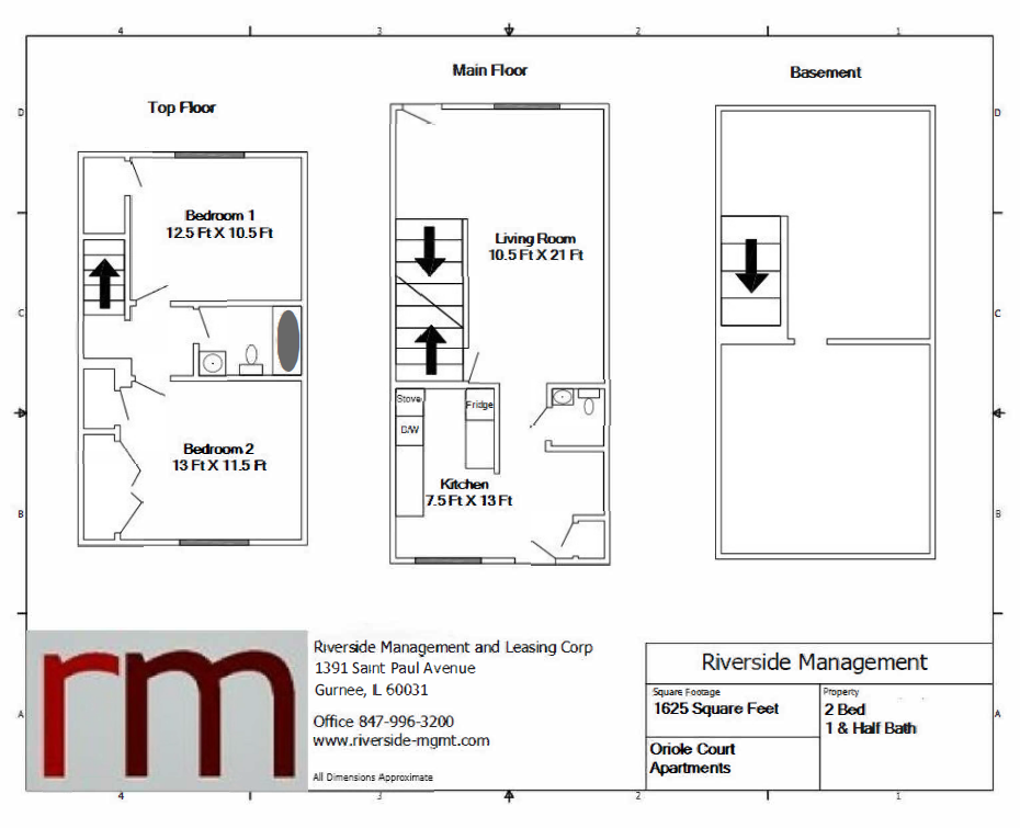 A floor plan for an apartment complex with a top floor, main floor, and basement.