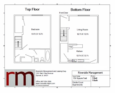 A floor plan for a top and bottom floor of a one bedroom apartment.