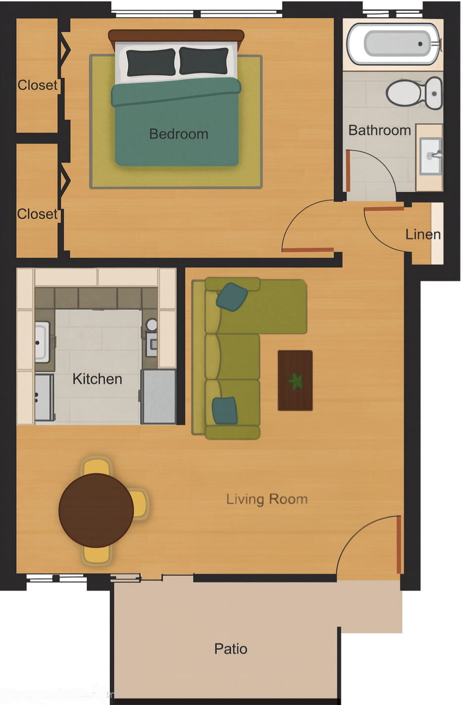 A floor plan of a house with a bedroom, bathroom, kitchen, living room, and patio.