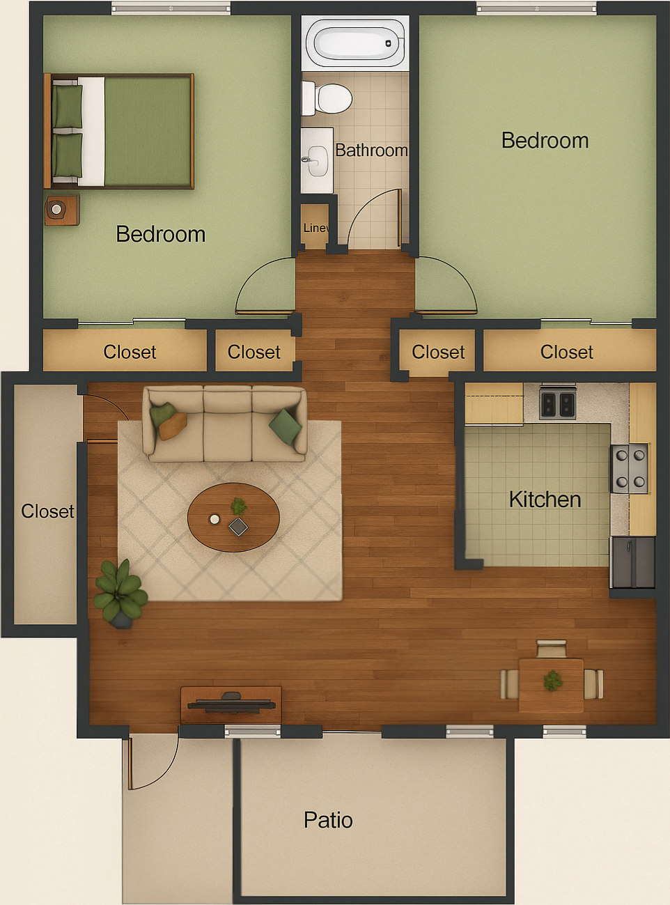 A floor plan of a house with a kitchen, living room, and three bedrooms.