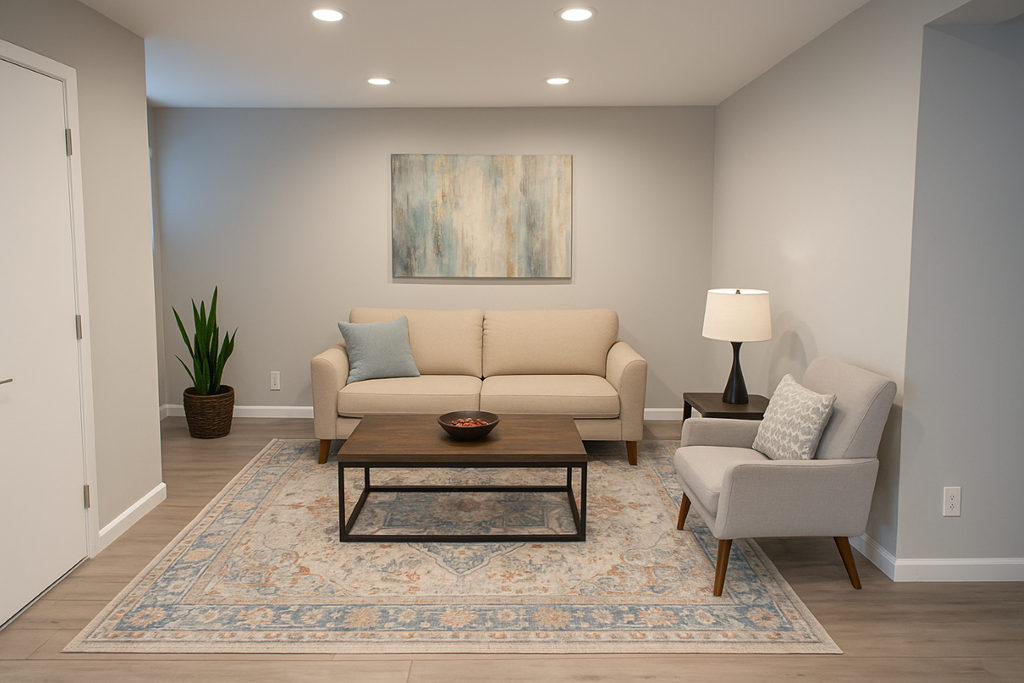 A living room with a couch, chair, and coffee table.