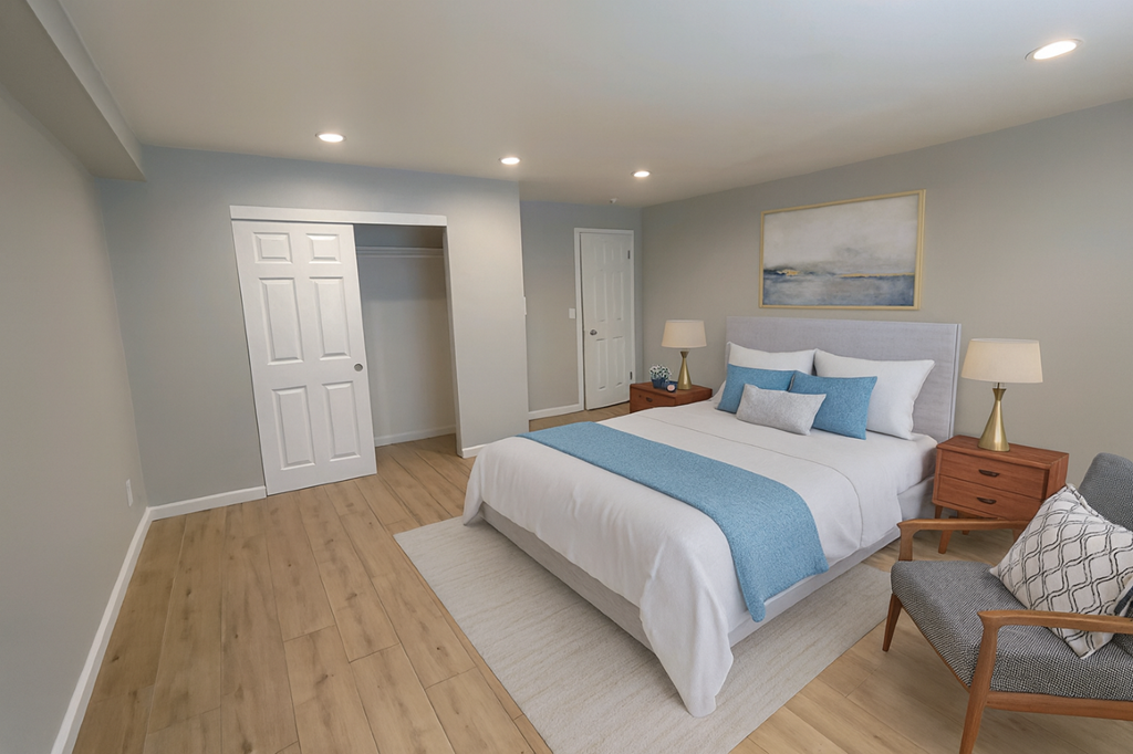 A bedroom with a bed, nightstand, and chair.