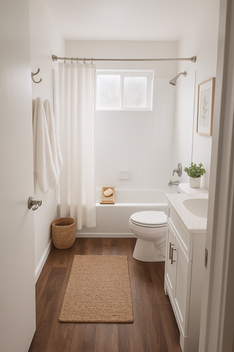 A white bathroom with a toilet, sink, and shower.