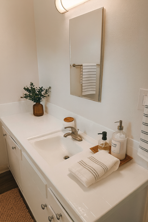 A white bathroom with a sink, mirror, and towel.