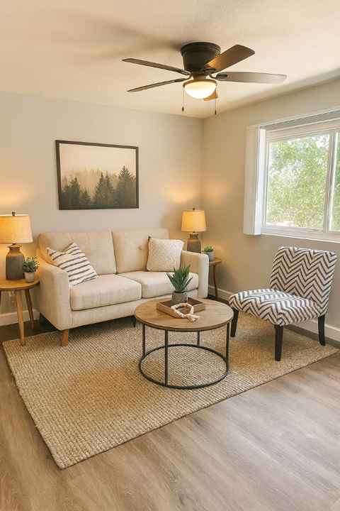 A living room with a white couch, a coffee table, and a ceiling fan.
