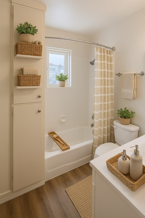 A white bathroom with a wooden cabinet and a white toilet.