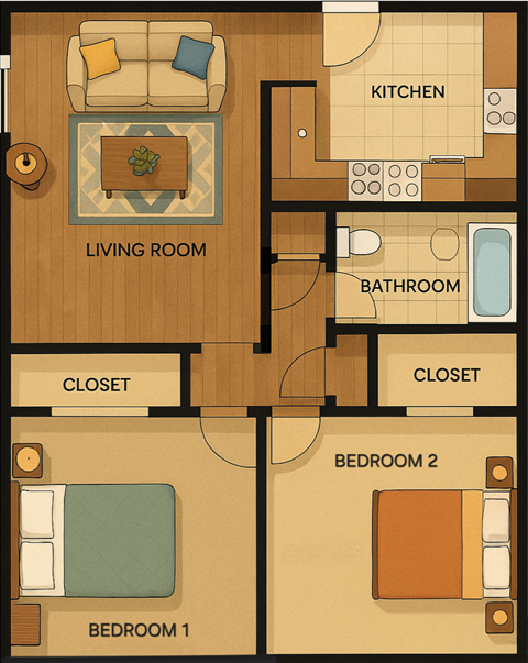 A floor plan of a house showing a living room, kitchen, bathroom, two closets, and two bedrooms.