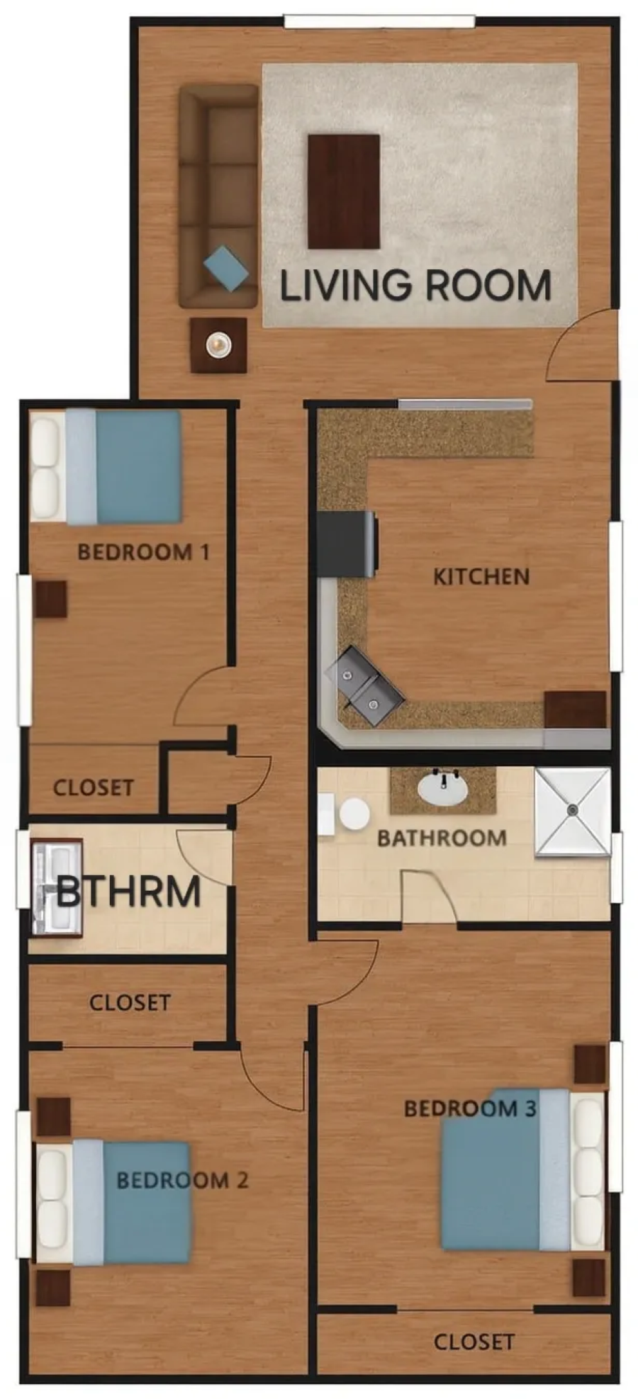 A floor plan of a home with a living room, kitchen, bathroom, and three bedrooms.