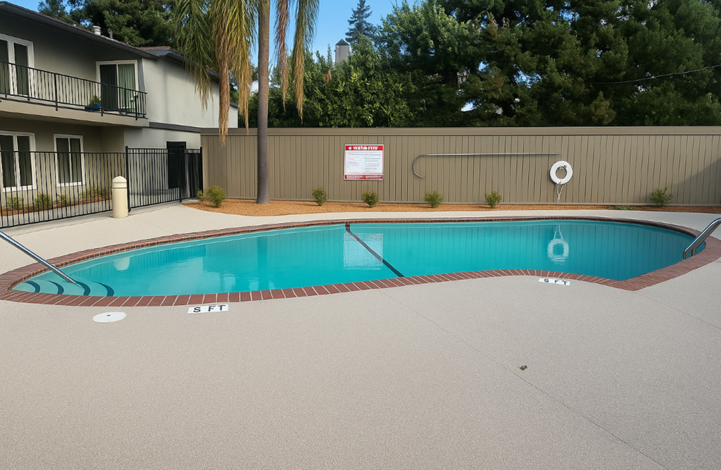A pool surrounded by a fence and a sign on the wall.