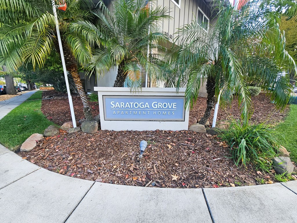 A sign for Saratoga Grove Apartments is surrounded by plants and rocks.