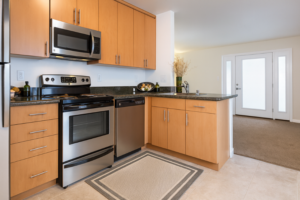 A kitchen with wooden cabinets and a black stove top oven.