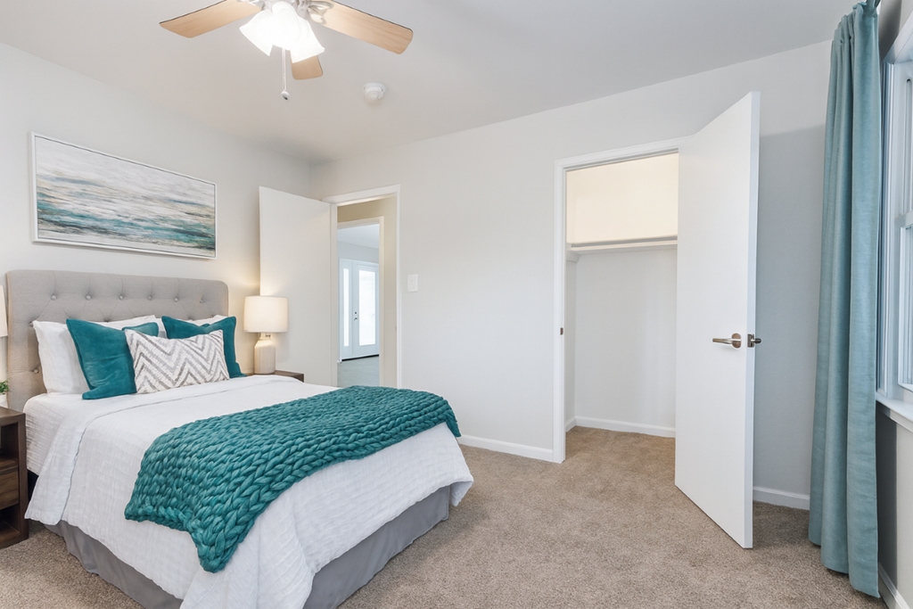 A bedroom with a bed, a ceiling fan, and a painting on the wall.