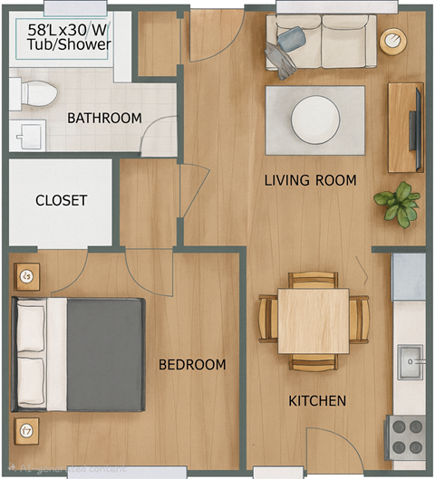 A floor plan of a 58L x 30W apartment with a tub/shower, bathroom, living room, kitchen, and bedroom.