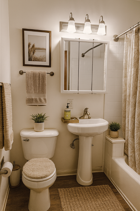 A white toilet with a towel on the side and a sink with a mirror above it.