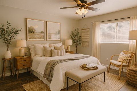 A bedroom with a large bed, a chair, and a ceiling fan.