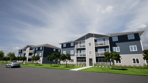 a rendering of an apartment complex with a car parked in front of it