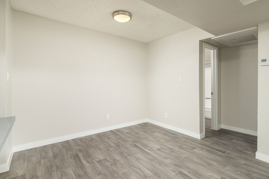 A room with a wooden floor and a doorway leading to another room.