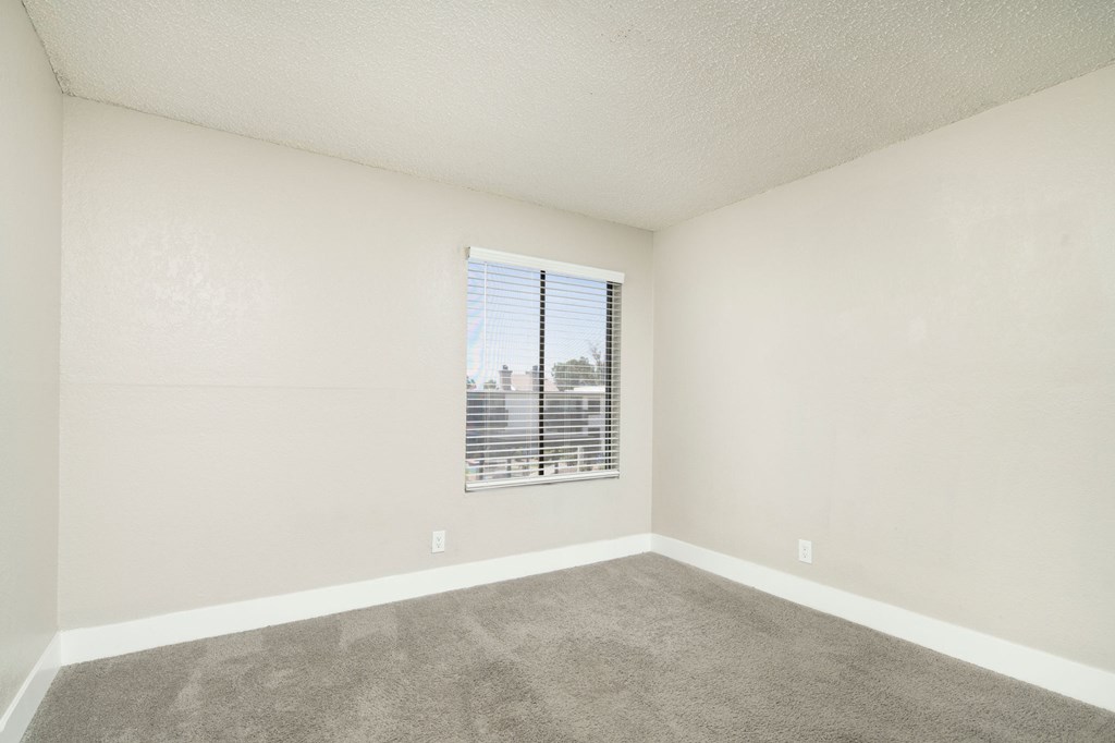 A room with a carpeted floor and a window with blinds.