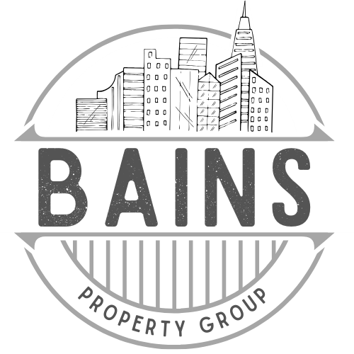 A logo for Bains Property Group features a city skyline and the company name.