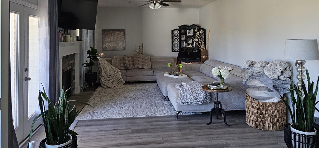 A living room with a grey couch and a white rug.