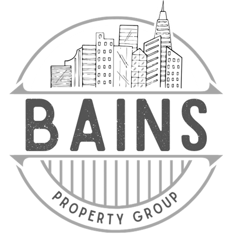 A logo for Bains Property Group features a city skyline and the company name.