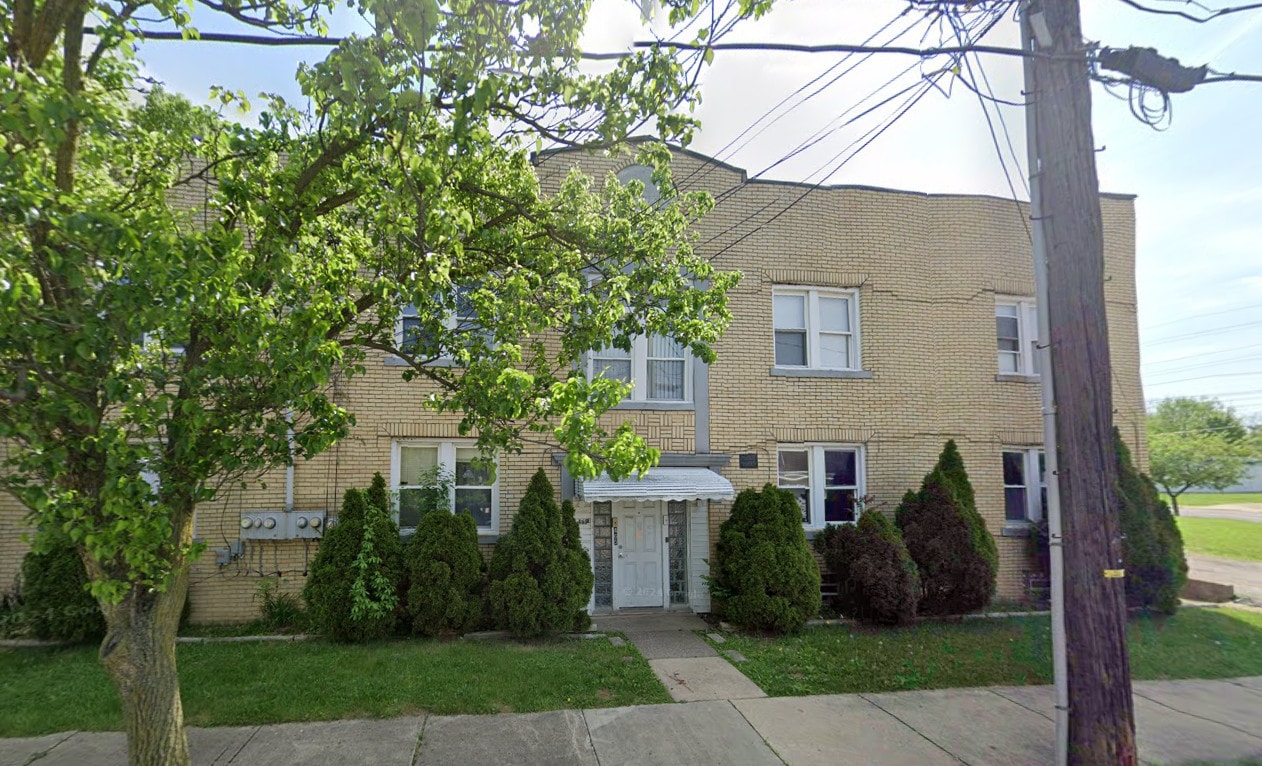 A tree with green leaves is in front of a house.