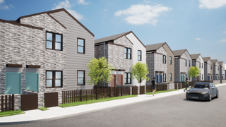 a rendering of a row of houses on a street with a car