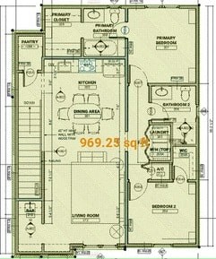 a floor plan of a house with a lot of furniture and a garage