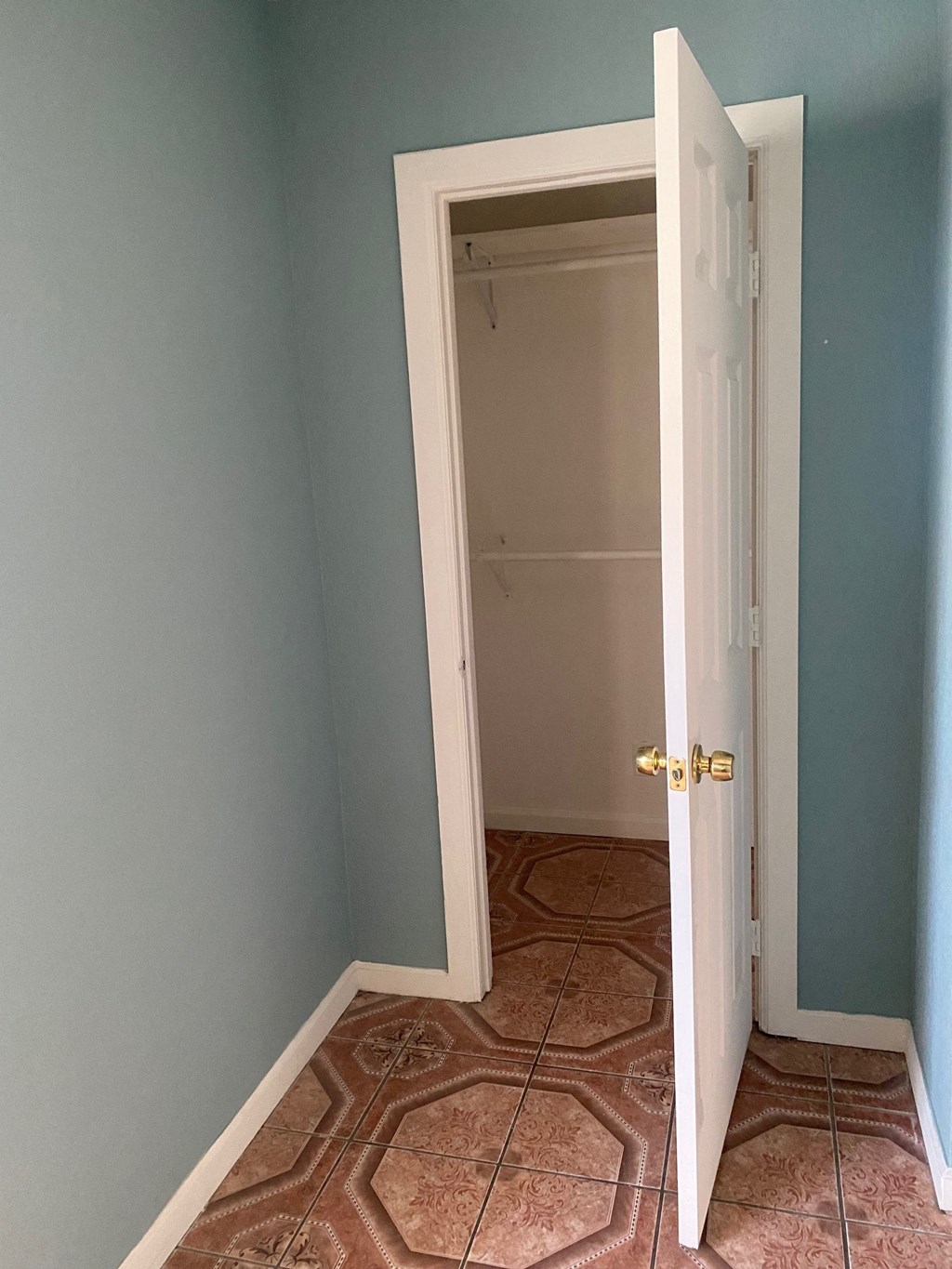 the door to the closet is open and the room is empty