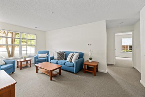 A living room with a blue couch and a grey carpet.