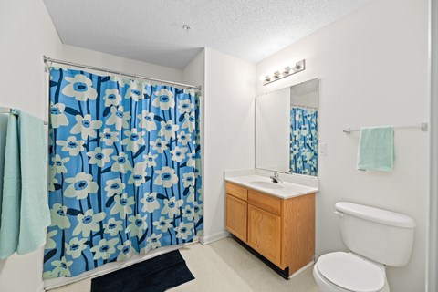 A bathroom with a white toilet, a sink, a mirror, and a shower curtain with blue flowers.